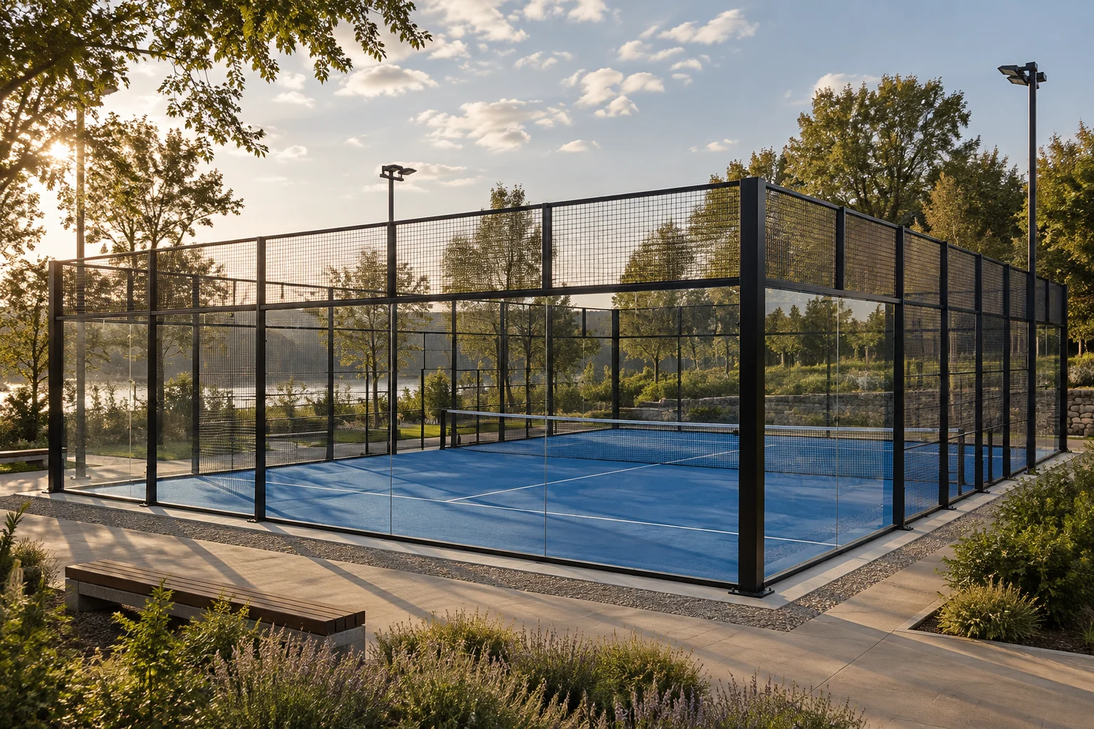 A blue outdoor padel court surrounded by trees in warm natural light