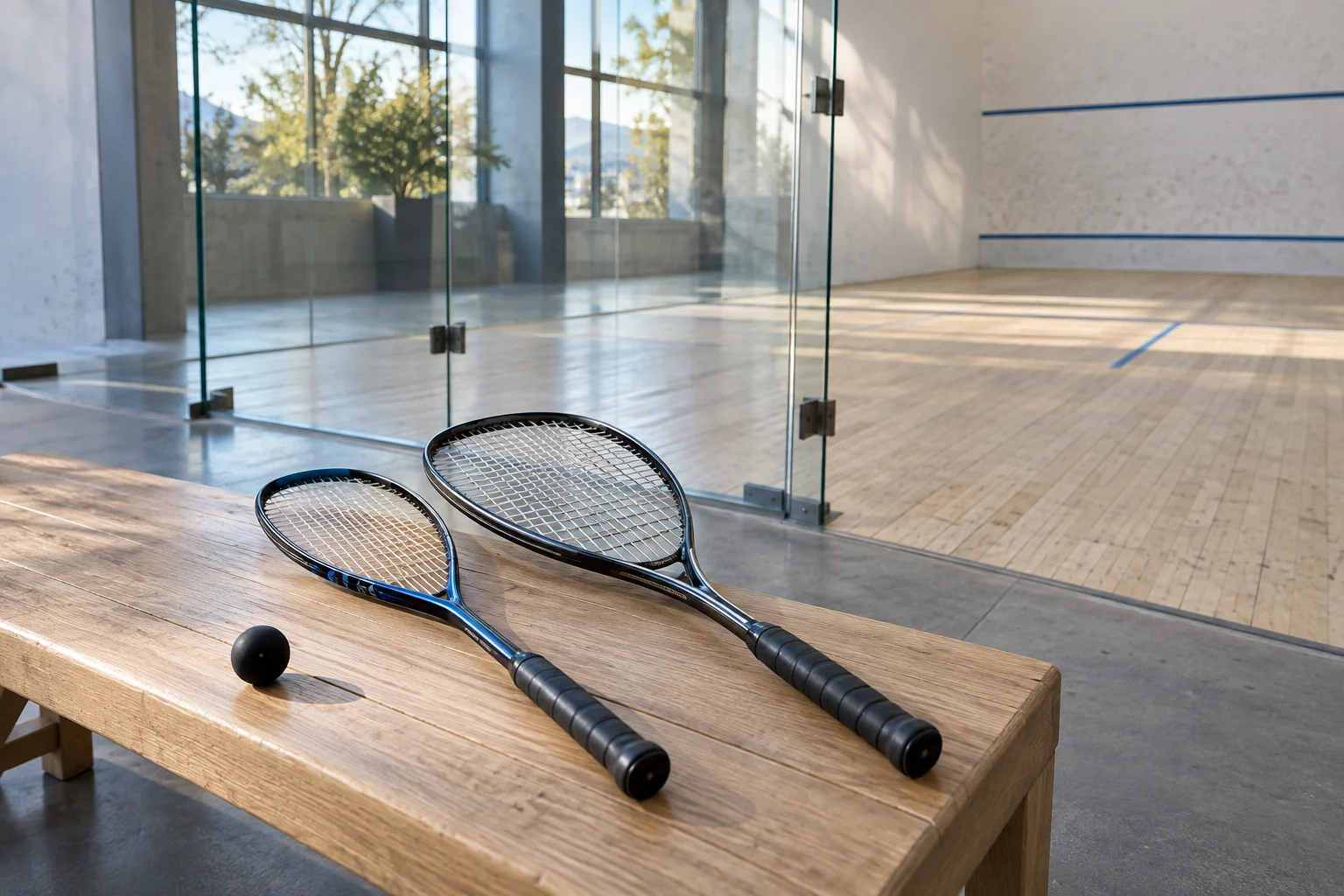An adult and junior squash racket together on a bench beside a light-filled court