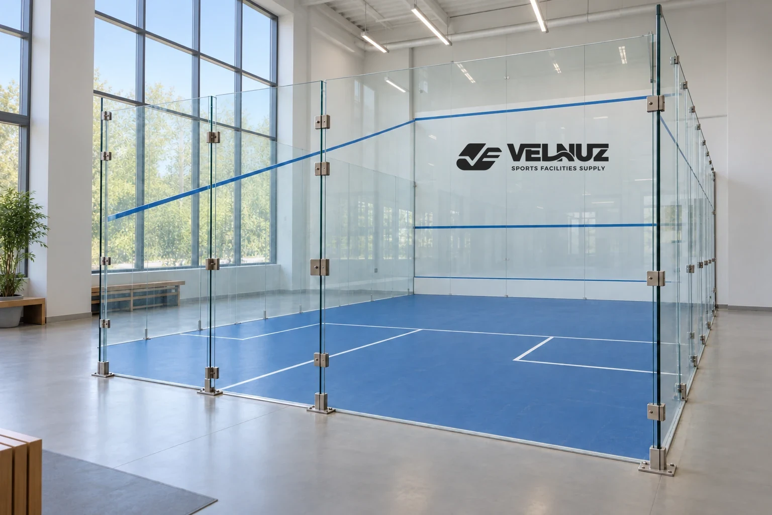 Illustrative all-glass squash court with transparent walls and blue playing floor
