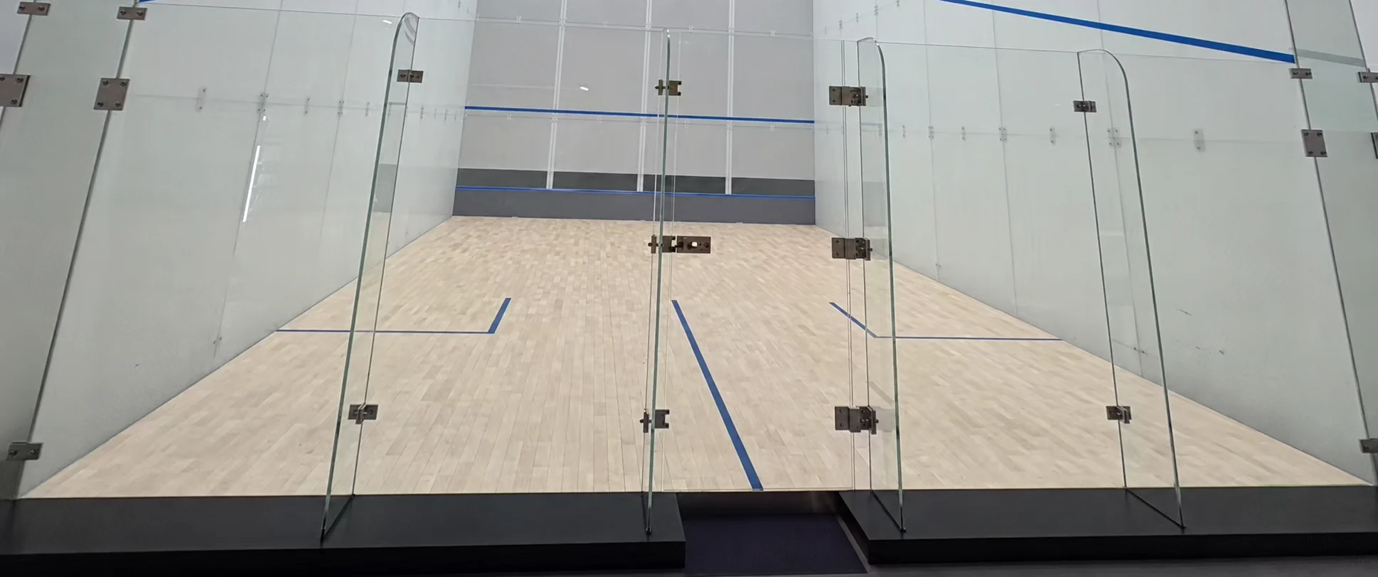Reference glass rear wall with central door and support fins in a conventional squash court